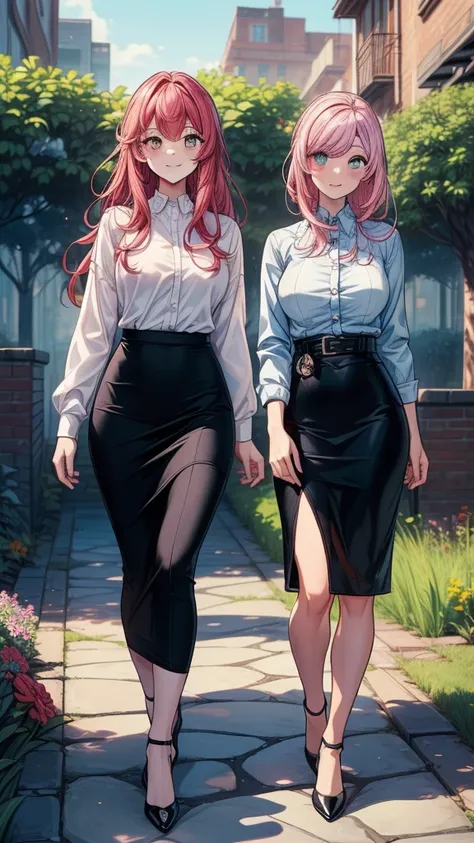 ((((masterpiece, best quality:1.8, high detail)))), two beautiful business women, bright eyes, smile, looking at viewer, long hair, pink hair and red hair, ((white collar shirt long sleeves)), ((black (midi) pencil skirt)), ((long black skirt)), slim body,...