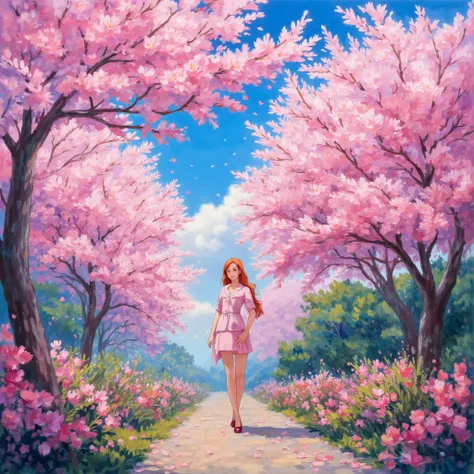 oil painting, Cherry blossoms, Sky (blue), Flowers (pink), Natural scenery, Fresh and clean, Cherry blossom tree, Springtime, Beautiful landscape, Sunlight, Warm atmosphere.
illustrious, dynamic posture, Amidst a dreamscape of colors, a mesmerizing garden ...