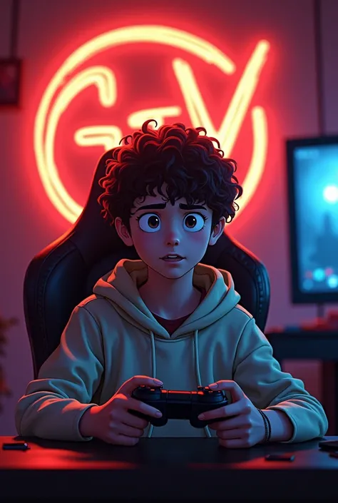 A boy in hoodie setting on a gaming chair and setting on a gaming chair and holding a concol and gta v big logo behind him with red and orange glow, anime character with curly hair 