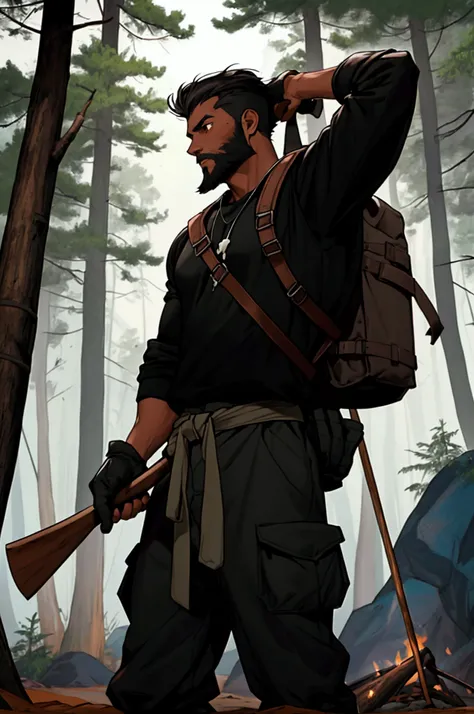 Male character approximately 30 years old, dark brown skin tending to black, descendant of Indians and Africans, with an athletic physical type, brown eyes, black hair with short half pompadour cut, short black beard, black t-shirt with a skull design in t...