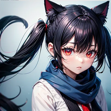 Red Eye　Light blue scarf　Twin tails　Black Hair　Cat ears　Black leggings　Light blue tie