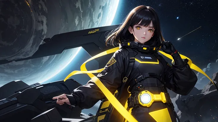 from the future intelligence, background tech, confident look, space black pioneer dress, yellow eyes, dark hair