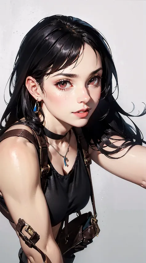 (Tifa Lockhart),cute face, glossy lips, detailed, intricately detailed face, dirty black hair with highlights , cute face, sly side smile, detailed lips and eyes, heavy mascara on eyelashes, blushing cheeks, tank top,  black leather skirt, black belt and b...