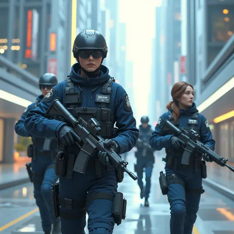 The police of the futuristic utopia on a special mission, They are in the city, armed men and women.