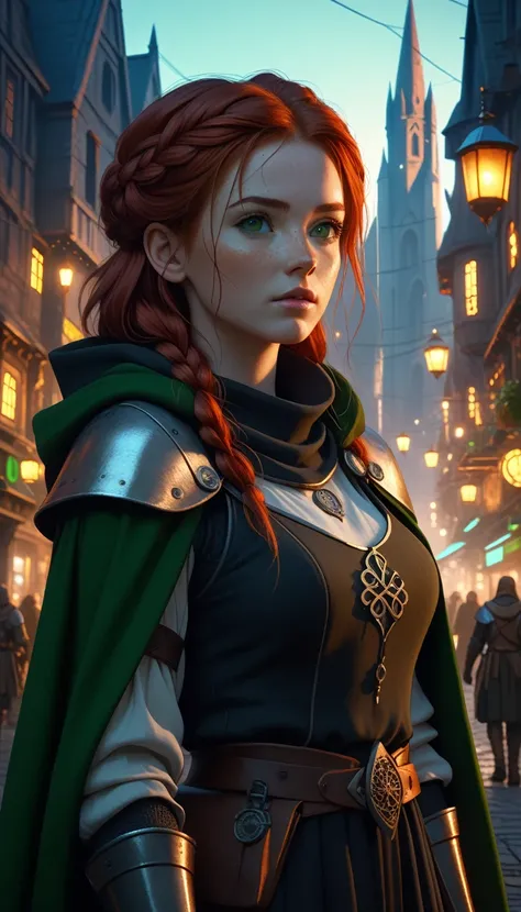 medieval girl in sci-fi landscape, (UHD, 8K, 16K, masterpiece, ultra detailed, best quality cinematic ambient), sfw, Red-haired, freckled, green eyes, Irish ancestry, irish medieval outfit,  dark theme, (chiaroscuro:1.3), cyberpunk city background, puzzled...