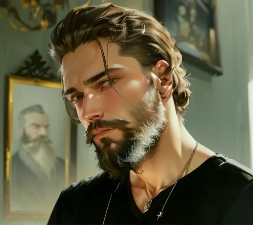 There is a man with a beard and a necklace on, Maxim Shirkov, A very attractive man with a beard, with a beard and a black shirt, Andrey Ryabovichev, Raphael Lecoste, inspired by Sergey Vasilkovsky, Alexander Trufanov, Sviatoslav Gerasimchuk, David Kostic