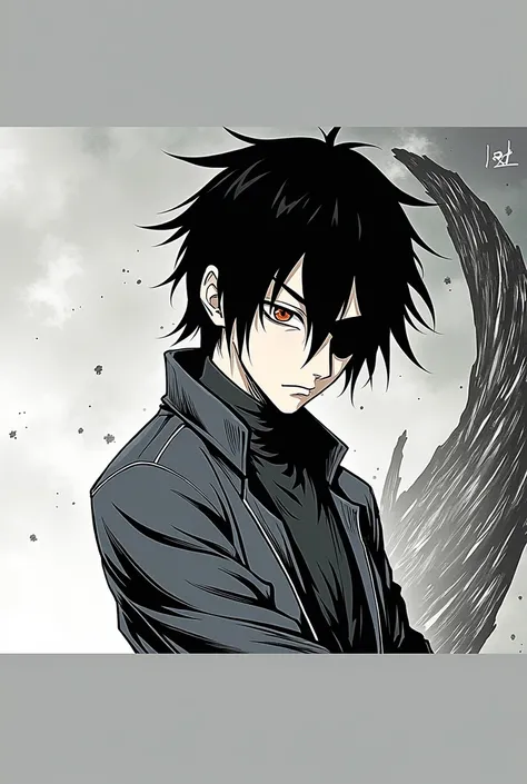 A tall man of about 2. medium length black hair, approximately just below the shoulders. Wears a black turtleneck and a black coat over it. His right eye is hidden by a black patch., and the left one has a sharp shape, black pupil. in Naruto style