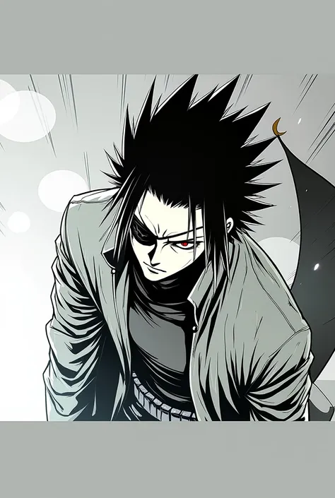 A tall man of about 2. medium length black hair, approximately just below the shoulders. Wears a black turtleneck and a black coat over it. His right eye is hidden by a black patch., and the left one has a sharp shape, black pupil. in Naruto style