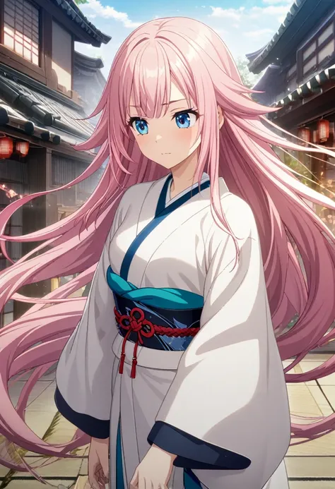 1girl, very long hair, pink hair, square fringe, blue eyes, white kimono, japanese goddess, neutral expression, CG, screenshot