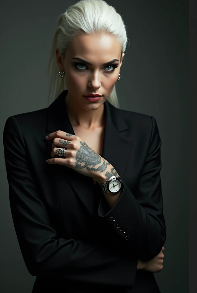 This British mobster is a remarkable and enigmatic figure. Her whitw hair is neatly slicked back, destacando seus olhos azuis extraordinariamente claros, that seem to capture the attention of everyone around them. Her pale skin gives her a mysterious appea...