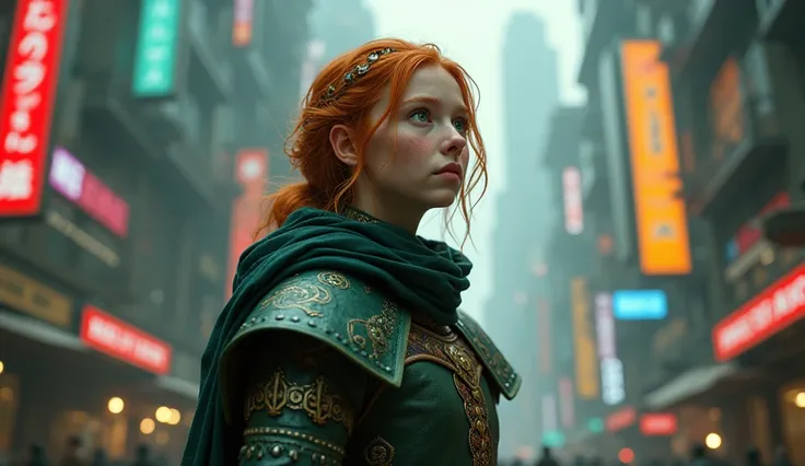 medieval young woman warrior in sci-fi landscape, realistic, walking down the alien street, (full body shot, panoramic view:1.3), (UHD, 8K, 16K, masterpiece, ultra detailed, best quality cinematic ambient), Red-haired, smal freckled, green eyes, Irish ance...