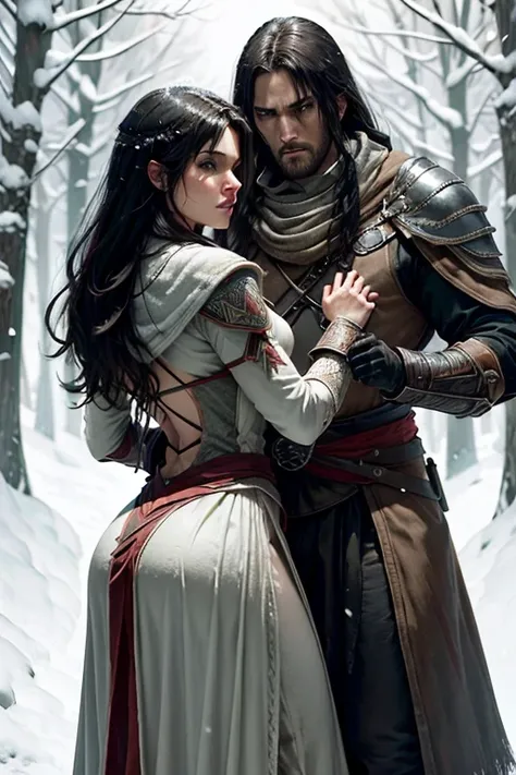 Assassins Creed Brotherhood - Medieval skirmish with Jennifer Carpenter looks like as warrior (black hair, reinesance italy inspired dress) in the dense forest. Heavy snow blizzard. Holding sabre. Naked ass.
