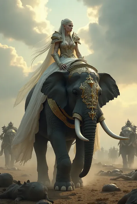 Gothic elf warrior woman in white and gold armor. She rides an elephant in golden battle armor. They are in a large plain after a battle, bodies litter the ground.