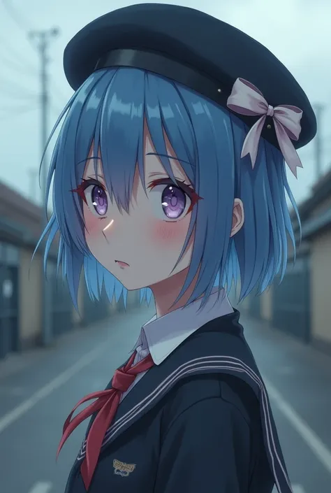 School girl with short blue hair, Lilac eyes, black beret with ribbon, Japanese high school uniform, batol verde, lolita makeup, sweet smile, apathetic look, school scenario, cloudy day.