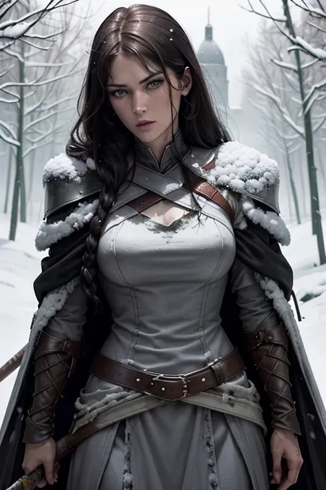 Pile od dead bodies. Atop of them is Jennifer Carpenter looks like as warrior (black hair, reinesance italy inspired dress) in the dense forest. Heavy snow blizzard. Holding sabre.