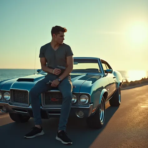 A Blue 1970 Oldsmobile 442 with a young man with a gun tn the right hand sitting on the hood enjoying the sunrise facing the sea, Determined, Thinking, The sky is clear. 