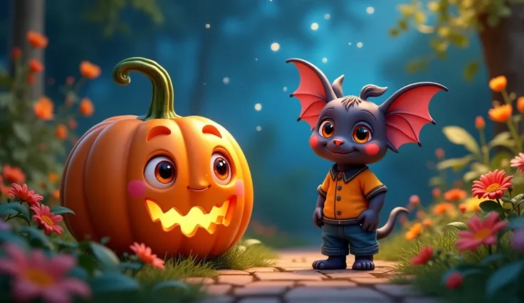 A friendly cute pumpkin with adorable eyes and a cute bat with pants and shirt in a garden at night in animated version 