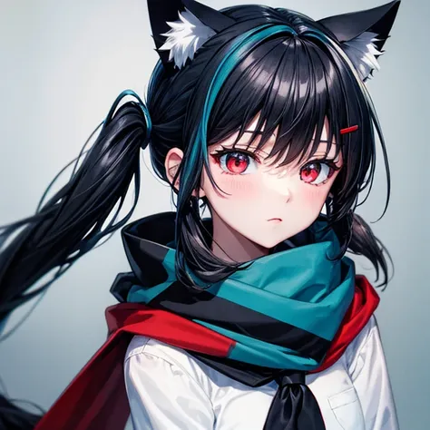 red eye　light blue scarf　twin tails　black hair　cat ears　black leggings　light blue tie