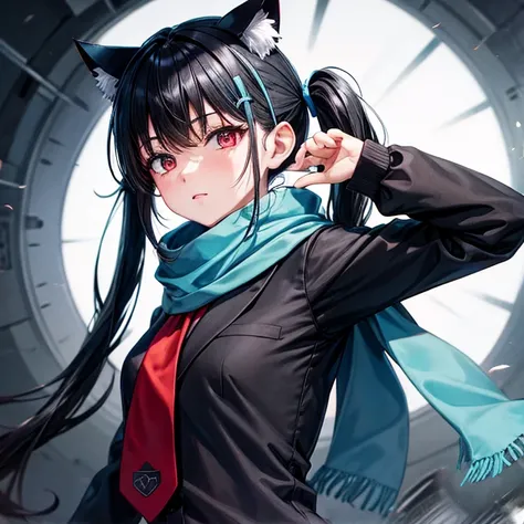 Red Eye　Light Blue Scarf　Twin tails　Black Hair　cat ears　Black leggings　light blue tie