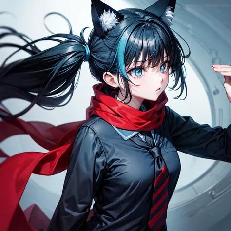 Red Eye　Light Blue Scarf　Twin tails　Black Hair　cat ears　Black leggings　light blue tie