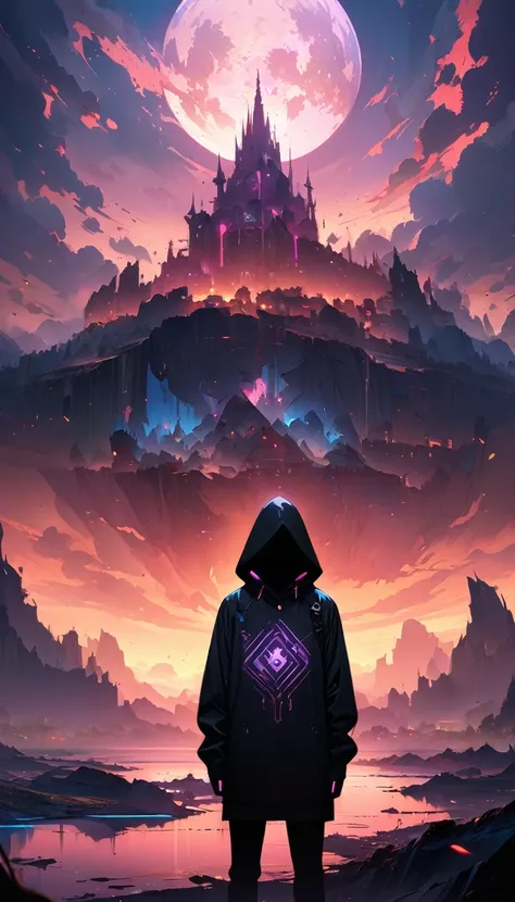 ((masterpiece)), ((Best Quality)), (anime:1.3), (Super Detail:1.2), (High resolution:1.3), (Professional photography:1.4)Surreal landscape with moonlight, Featuring a hooded silhouette and faceless features. The silhouette is highlighted with glowing glyph...