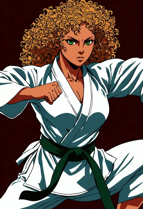 Brazilian woman, curly hair, green eyes, fightdora, karate, muscular, muscle woman, brazilian karate fighter, training, fight, karate.