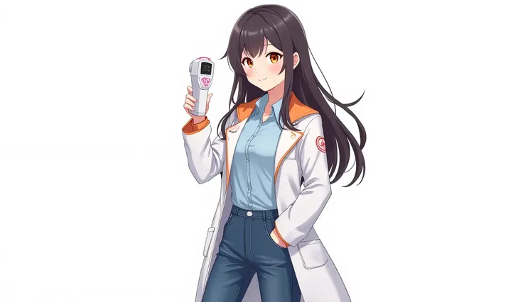 A young NASA scientist, anime traits, she is an ordinary woman, she has long dark hair and orange eyes, wear jeans, a light blue dress shirt and a clean white lab coat with orange highlights. She is in a place with a completely white background.. She is sm...