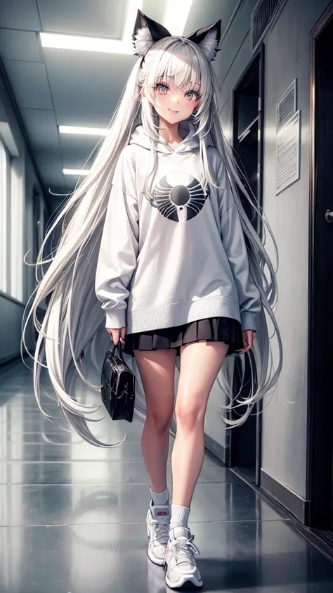 A girl, long white hair, white eyes without pupil. Just wearing a long grey sweatshirt, black tennis shoes. Black makeup on the rosette.
Walking through the halls of a school. smiling and looking at the viewer.