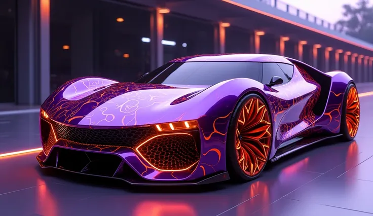 This vehicle is a futuristic masterpiece, completely purple with a glossy finish that reflects its surroundings impeccably. The car’s lines are adorned with intricate, neon orange ornamental patterns that seem to flow across the body. These designs seem to...