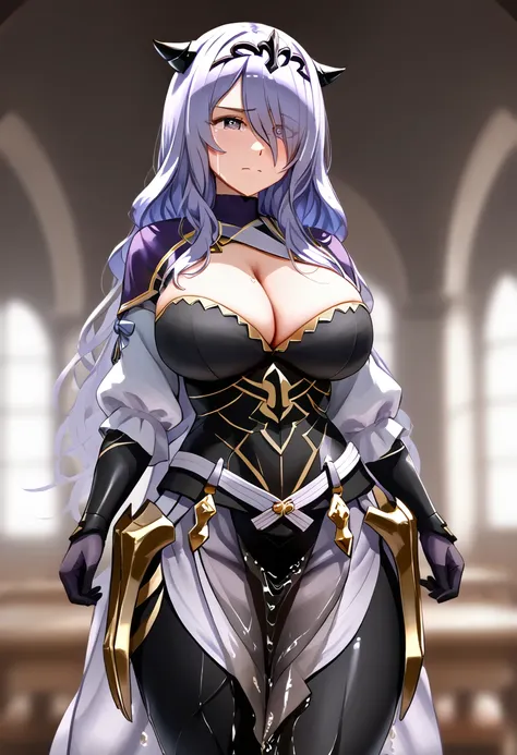 defcm, 1girl, huge breasts, a detailed portrait of a young woman hair over one eye, wearing a black tiara, purple capelet, black...