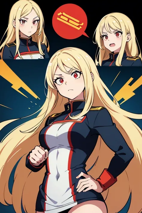 Boku No Hero Academia comics panel of a female. She has blonde an long hair , and red eyes. She is a hero, she is wearing a student costume