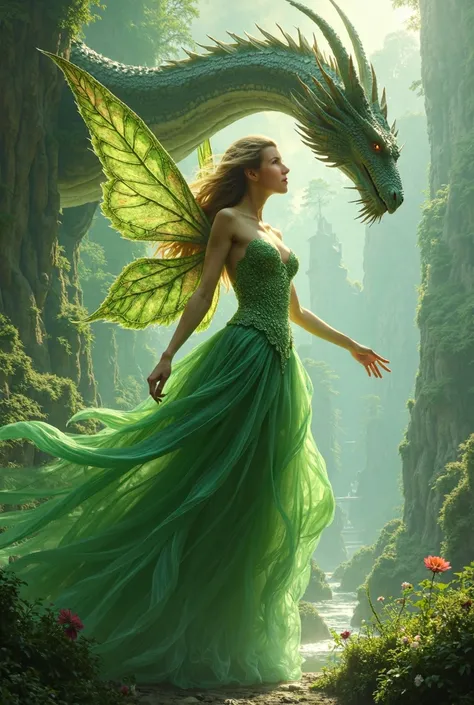 Fairy woman with green magic power of nature, in a draped dress and in a fairy-tale world with a dragon 