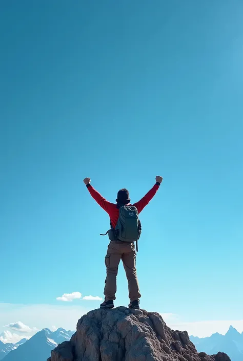 a man in mountaineering clothes, with backpack, on the peak of a mountain, with a red shirt, he will be small at the bottom of the image, from the middle to the bottom of the image, he will be with his back turned with both arms raised, with his hands clos...