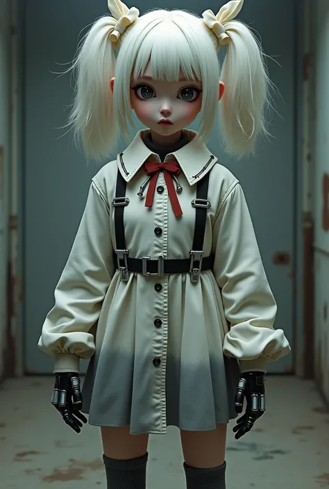 komeiji koishi, 1girl, pigtails are held up by off-white bows, though the right one is falling down, She wears a white, long-sleeved collared blouse with buttons that go all the way down to the bottom, with 3 buttons unbuttoned at the end to reveal a petti...