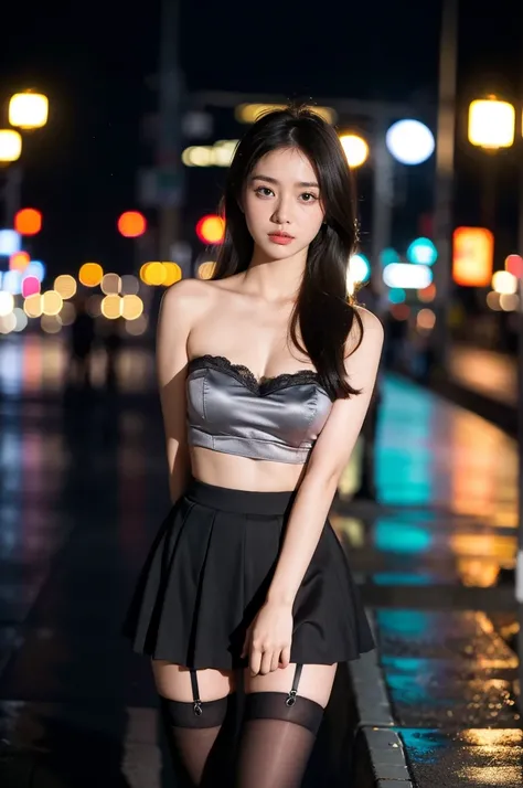 (8k, RAW photo, best quality, masterpiece:1.4), ultra high res, (realistic, photo-realistic:1.48),omertosa,1girl,(Kpop idol), (aegyo sal:1),cute, (super bokeh night city center:1.25), bokeh, night, traffic lights, road sign, rain, after rain, wet, professi...