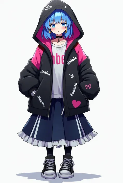 komeiji koishi, 1girl, she wears a black hoodie with bright pink details and a blue hood, the shoulders of the hoodie are semi-transparent and feature white paint splatters, along with the word FANTASTIC written across the middle, her hoodie is left unzipp...