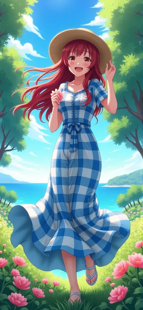 Make an anime with my happy smiling face and full body in a long blue checkered dress with white in the wind, and long dark red wavy hair with long bangs blowing in the wind holding a straw hat on her head with one hand and holding a pink glor in the other...