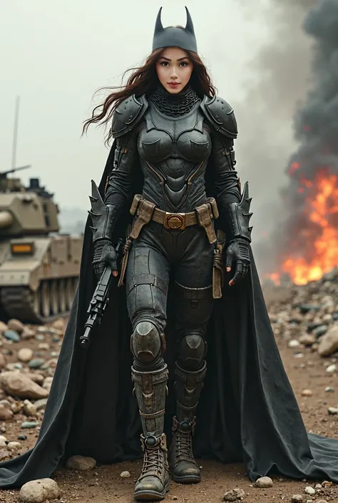 Beautiful woman in a military beige style Batman outfit, highly detailed, layered intricately designed military armour, Afghan warfare background, carbon fibre and mixed fabric materials, holding machine gun, batgirl, Batman costume, explosions, debris, wa...