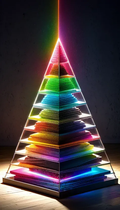 conceptual installation art, pyramid and its development diagram drawn with vivid and colorful laser beams, BREAK delicate and dynamic textures, contrasts of light and shadow, 2.5D, artistic photography, hyper realistic, digital graphic CG, BREAK ultra det...