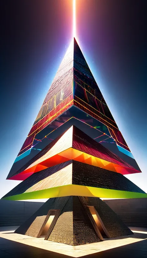 conceptual installation art, pyramid and its development diagram drawn with vivid and colorful laser beams, BREAK delicate and dynamic textures, contrasts of light and shadow, 2.5D, artistic photography, hyper realistic, digital graphic CG, BREAK ultra det...