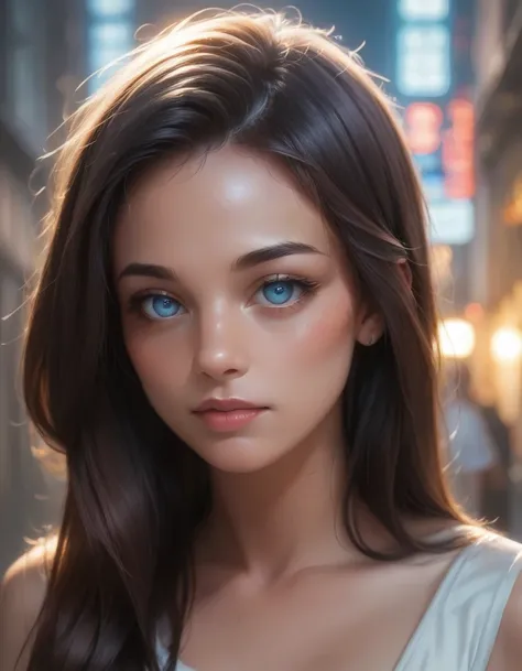 A stunningly beautiful woman with pale skin and dark hair gazes intensely at the viewer, her clear blue eyes captivating. The cinematic, fantasy-inspired scene is captured in a dynamic, hyperrealistic macro shot, showcasing exquisite hand-painted details a...