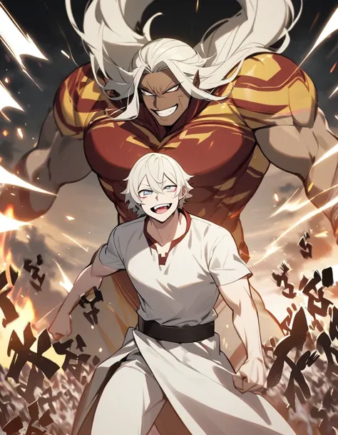 1boy with albino akin and  a tall body among a muscular physic wearing a white shirt and white pants smilling in a menacing way with his teeth showing up