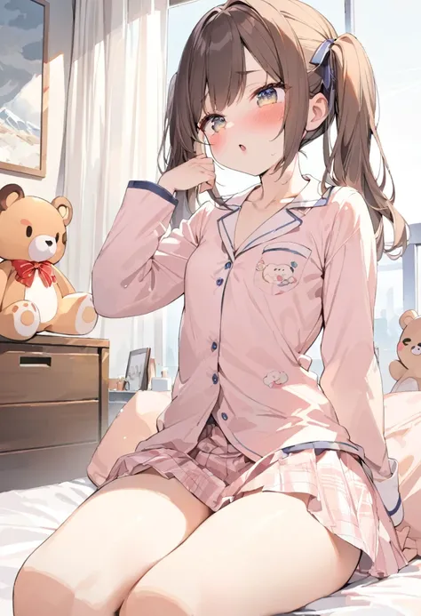 ((Best Quality)), ((masterpiece)), (detailed), One girl,Primary school students、pajamas、skirt、Brown Hair、Twin tails、（Small breasts）、Sitting on the bed、Yawning、股間にskirtの皺ができている、bedroom、pillow、Rilakkuma stuffed animal、detailedな背景、beautiful detailed eyes, bea...