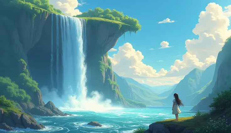 best quality,4K,8k,highres,masterpiece:1.2,ultra detailed,realistic:1.2,landscapes, waterfall falling from (((sky island))), Dreamer, magical, sereno, running water, vibrant colors, Soft clouds, sunlight, Studio Ghibli style