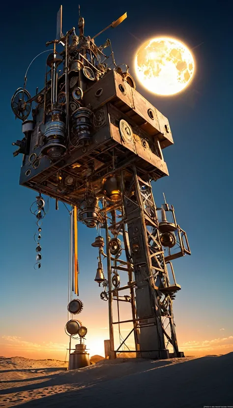 conceptual installation art, the sun rises and the moon sets, the moon rises and the sun sets, powered by an old retro mechanical device, BREAK delicate and dynamic textures, contrasts of light and shadow, 2.5D, artistic photography, hyper realistic, digit...