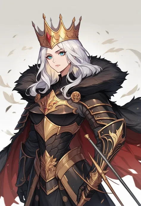 (masterpiece, superior quality, best quality, official art, beautiful and aesthetic: 1.2), (1girl), (warrior queens armor, fur-lined cape, jeweled crown: 1.2), seriously, black armor --auto