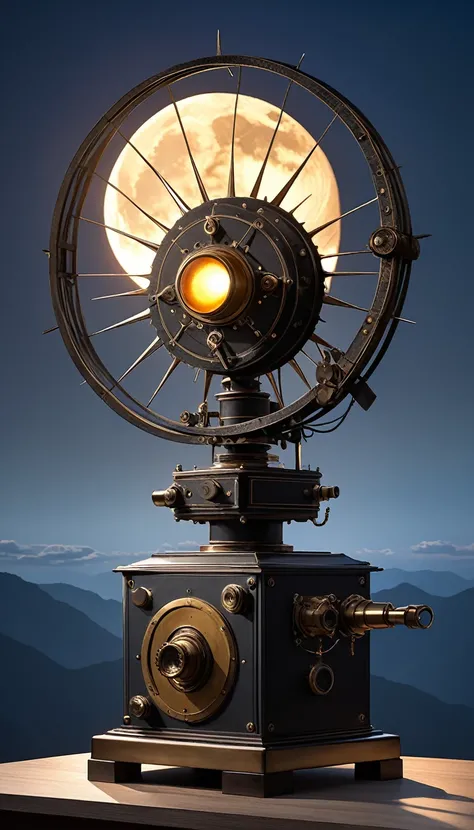 conceptual installation art, the sun rises and the moon sets, the moon rises and the sun sets, powered by an old retro mechanical device, BREAK delicate and dynamic textures, contrasts of light and shadow, 2.5D, artistic photography, hyper realistic, digit...