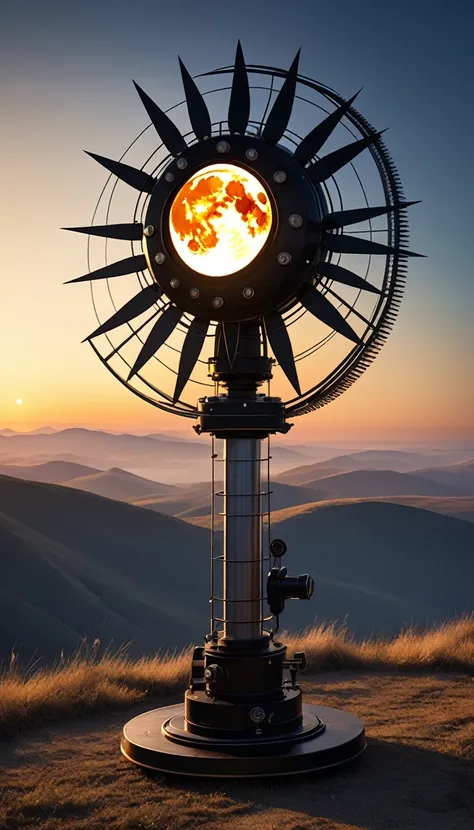 conceptual installation art, the sun rises and the moon sets, the moon rises and the sun sets, powered by an old retro mechanical device, BREAK delicate and dynamic textures, contrasts of light and shadow, 2.5D, artistic photography, hyper realistic, digit...