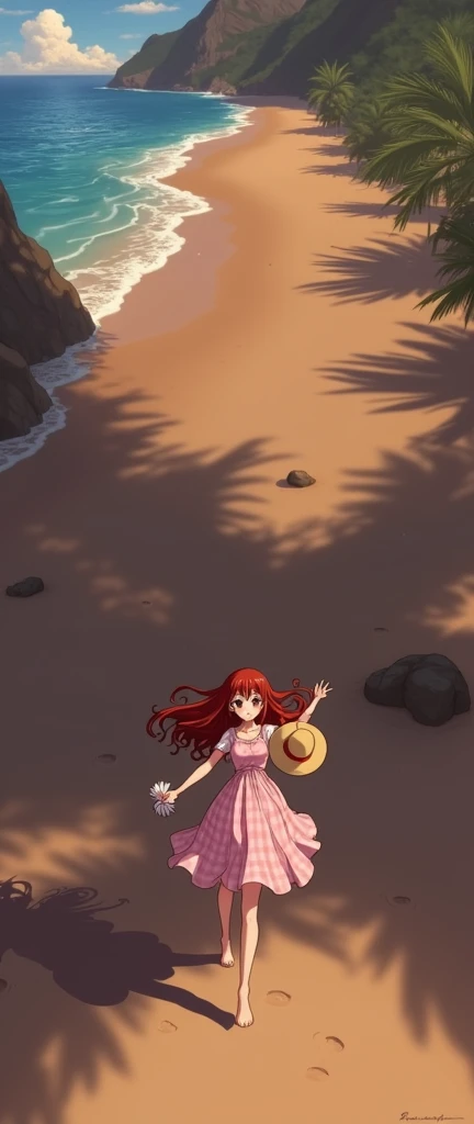 Make an anime with my happy smiling face and full body in a light pink checkered long dress with white in the wind, and long, very dark red wavy hair with long bangs down to the neck in the wind holding a straw hat on her head with her right hand and holdi...