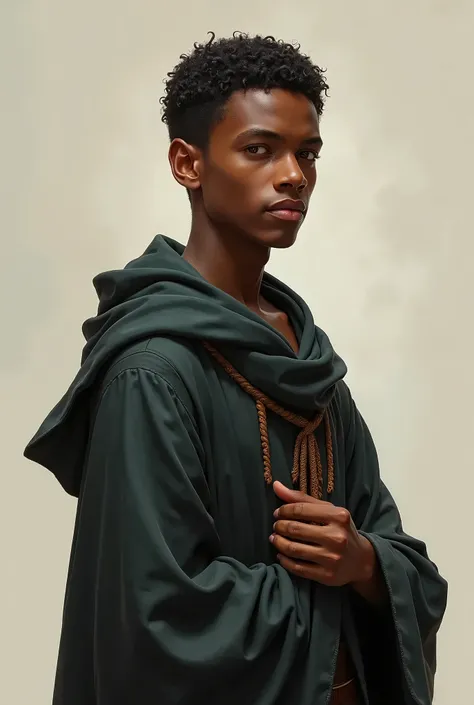 Male wizard aged 15 with brown skin, short hair, without magic wand, and this one has its hands resting one on top of the other, and is not using magic